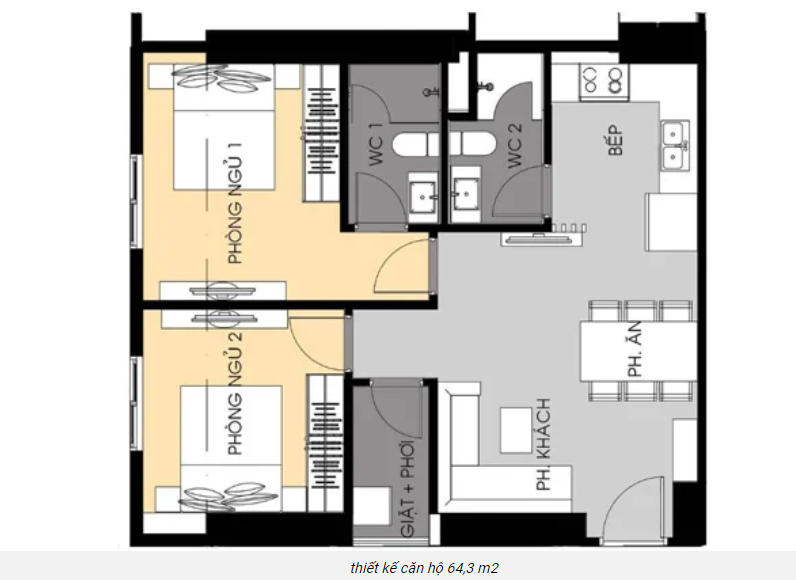 bản vẽ căn hộ 64.3m2 tại Chí Linh Center 