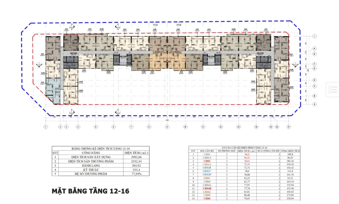 Mặt bằng tầng 12 - 16 của dự án Chí Linh Center