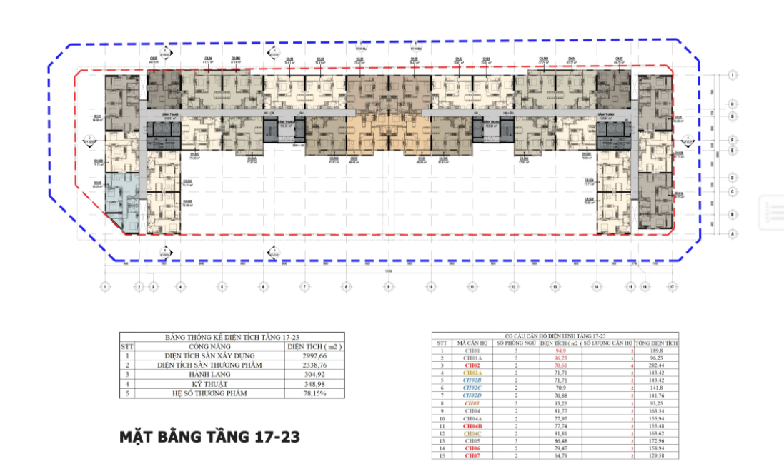 Mặt bằng tầng 17 - 23 của dự án Chí Linh Center