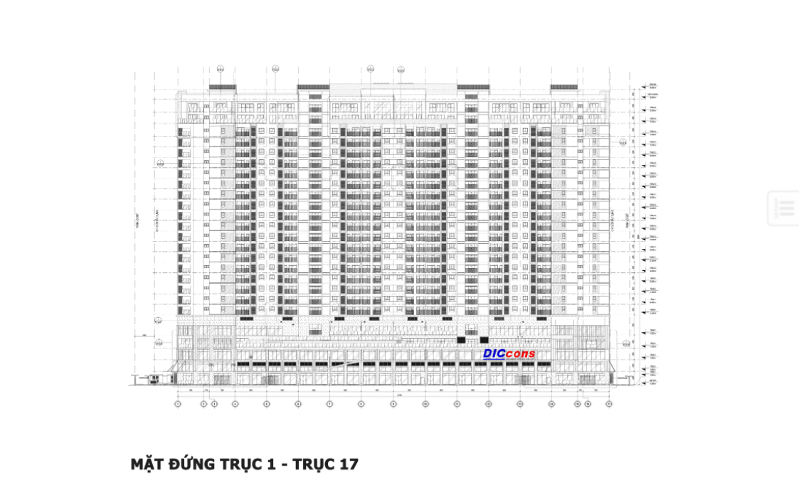 Mặt đứng trục 1 - trục 17 của Chí Linh Center